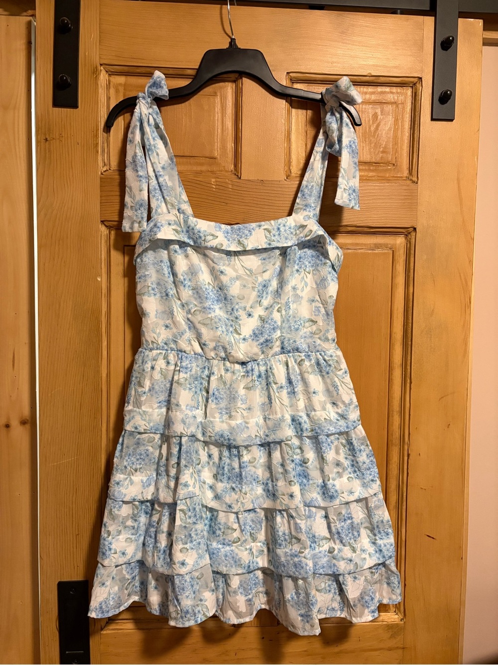 Altar'd State White and Light Blue Floral Tie-Shoulder Tiered Dress